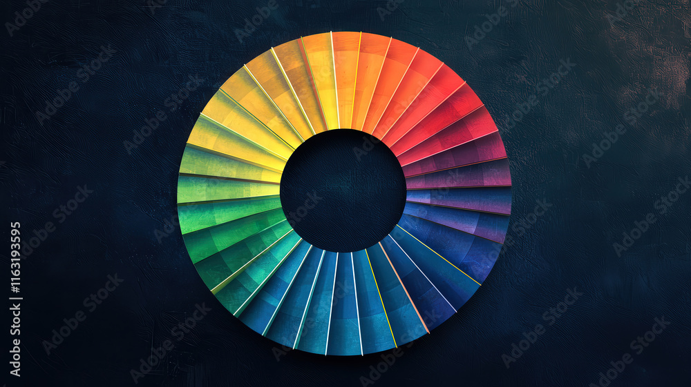 Obraz premium A creative sunburst chart showcases glowing, radiant layers in vibrant colors, arranged in a circular design against a textured dark background enhanced by subtle lighting effects.