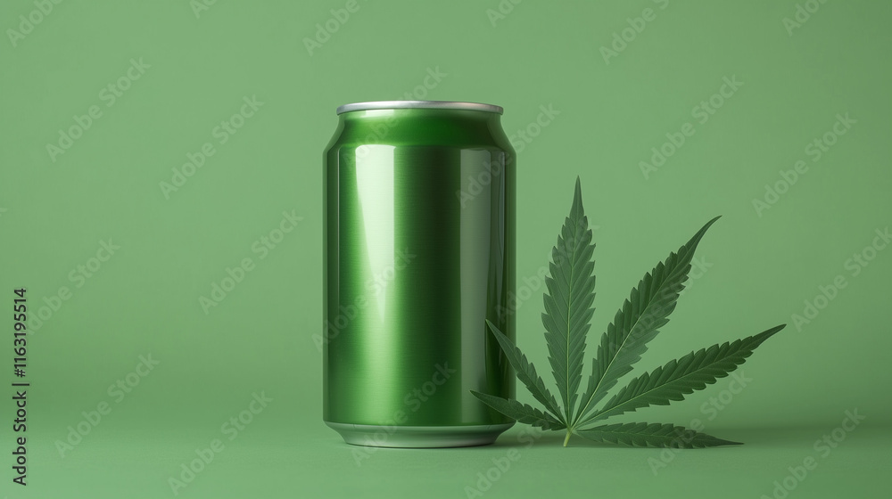 Green soda can with cannabis leaf, isolated on green background Green soda can with cannabis leaf, isolated on green background