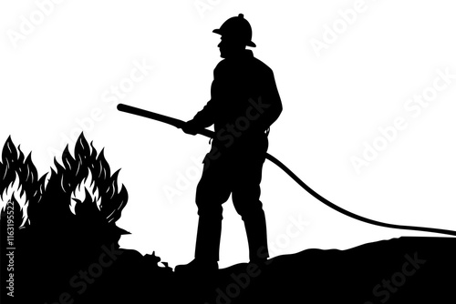 Firefighter Silhouette Battling Intense Flames Vector Illustration