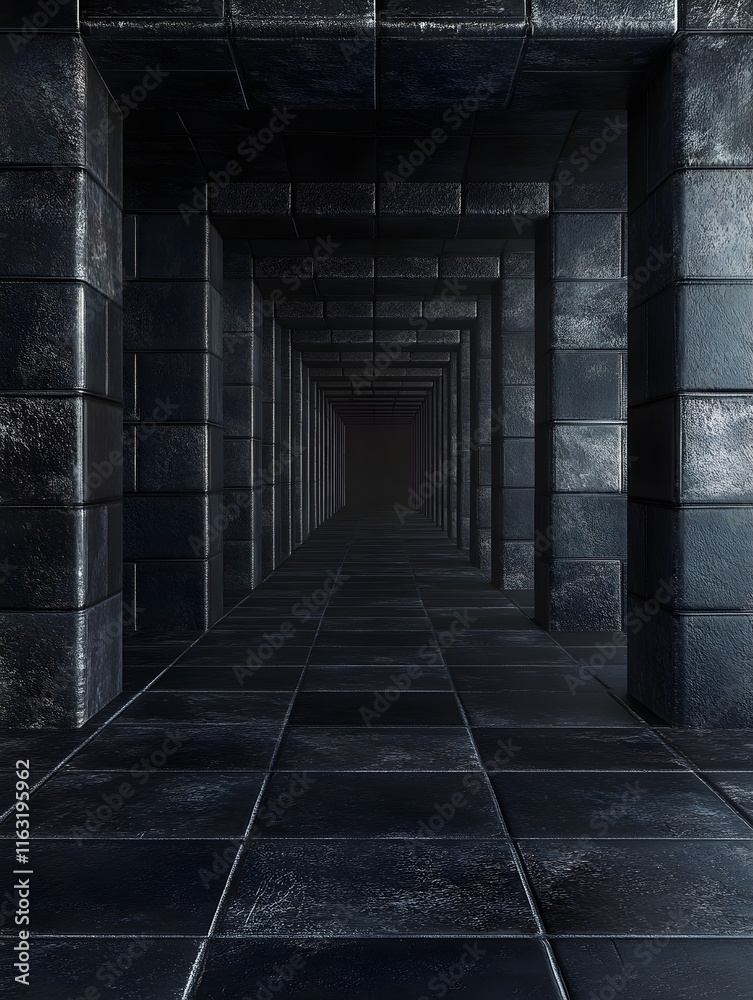 Fototapeta premium Dark, Mysterious Corridor with Stone Walls and Tiles