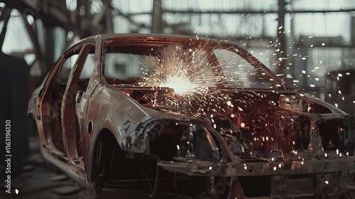 Car body being welded in an auto repair shop. Sparks fly as the metal is joined.