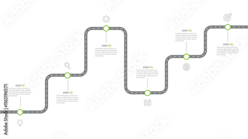 Infographic roadmap design template. Business Timeline of 6 Important Business Events annual business presentation. Vector illustration.