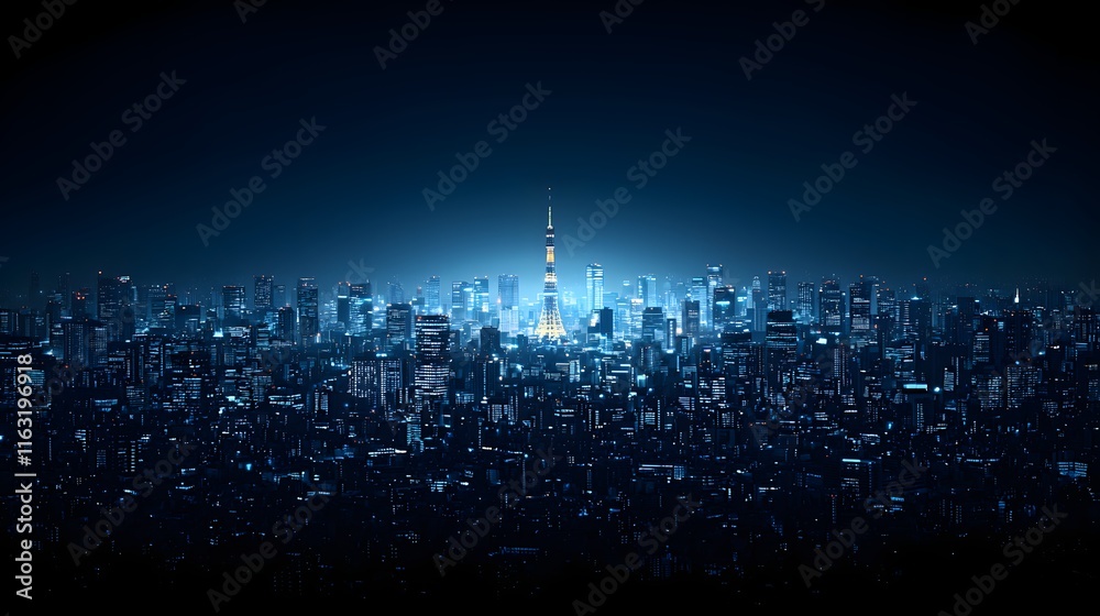 A breathtaking night cityscape with glowing lights and a towering structure illuminating the skyline. Innovative Autonomous Networks Concept A breathtaking night cityscape with glowing lights and a towering structure illuminating the skyline. Innovative Autonomous Networks Concept