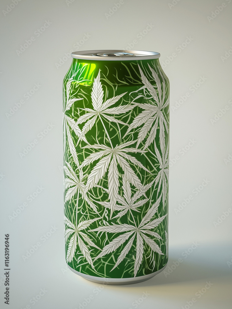 Green tallboy drink can with white marijuana leaves isolated on white background Green tallboy drink can with white marijuana leaves isolated on white background