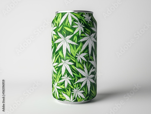 Green tallboy drink can with white marijuana leaves isolated on white background photo