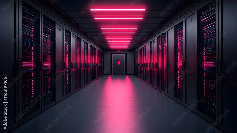Fototapeta premium Futuristic Data Center with Neon Lights: A Glimpse into Cutting-Edge Technology and Networking. Innovative Autonomous Networks Concept