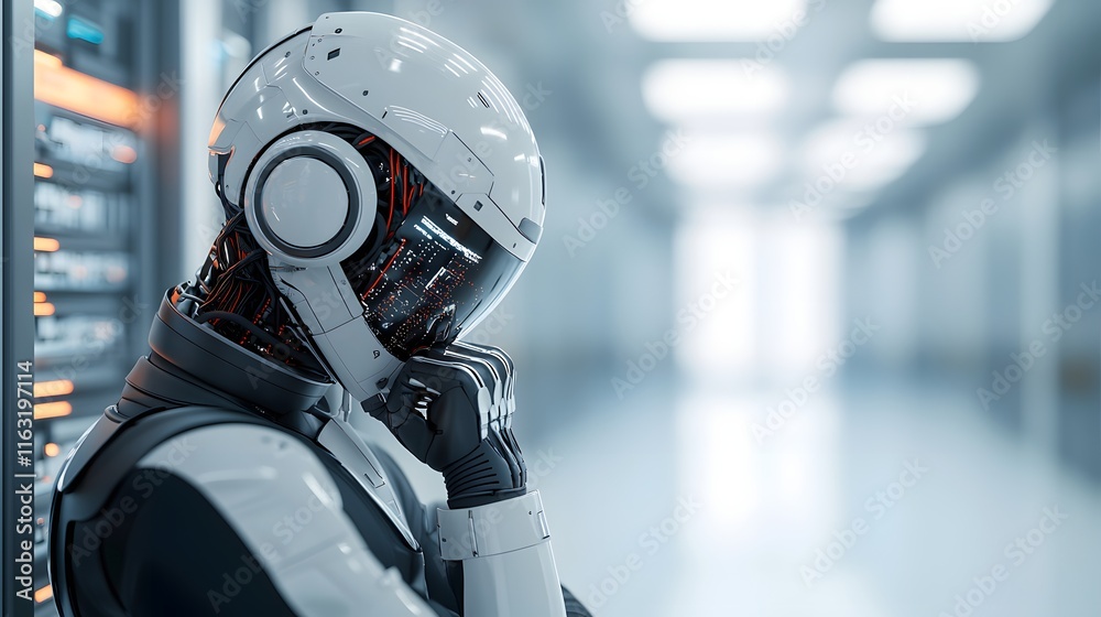 A Contemplative Robot in a Futuristic Facility Reflects on Network Diagnostics and Technology. Innovative Autonomous Networks Concept A Contemplative Robot in a Futuristic Facility Reflects on Network Diagnostics and Technology. Innovative Autonomous Networks Concept