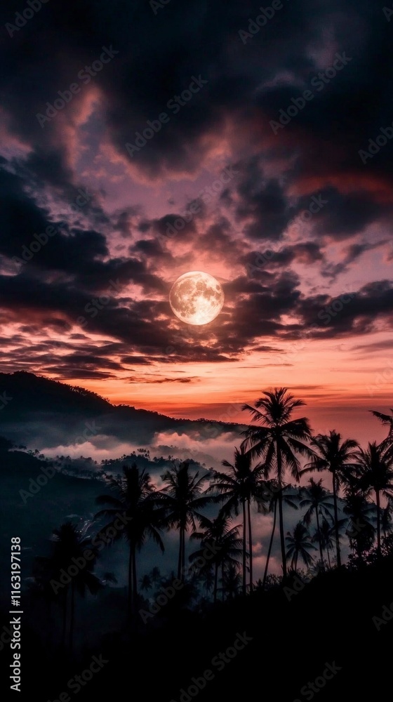 Fototapeta premium Tropical Sunset Full Moon Palm Trees Night Sky Landscape