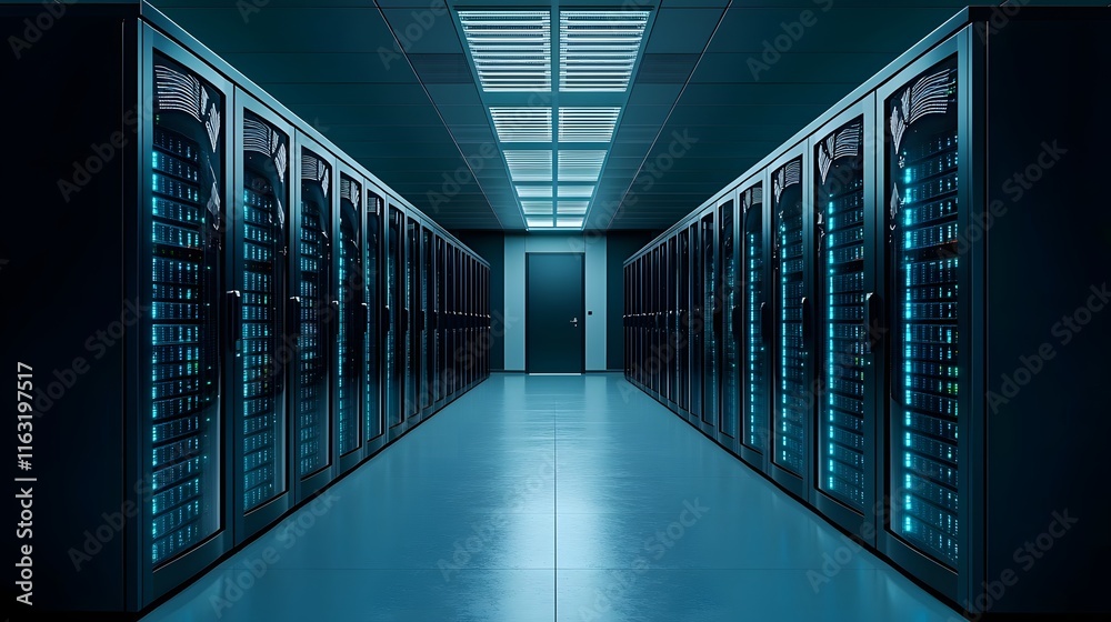 Fototapeta premium Illuminated Server Farm Signifying Advanced AI Operations and Technology. Innovative Autonomous Networks Concept