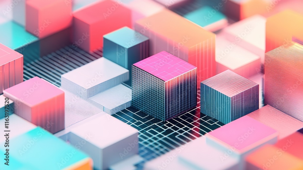 Abstract representation of a digital circuit with colorful geometric shapes. Abstract representation of a digital circuit with colorful geometric shapes.