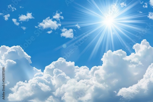 Bright sunlight shining through fluffy clouds in a clear blue sky during midday