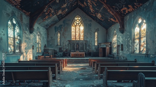 Abandoned church interior slung derelict forsaken outcast photo