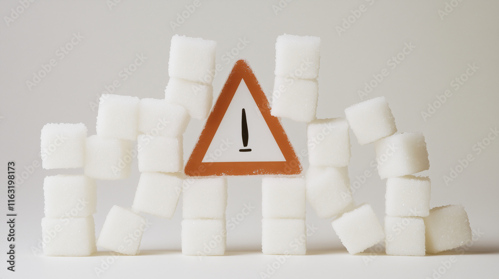 Sugar cubes meticulously stacked in the shape of a warning sign, symbolizing the cautionary message of excessive indulgence and the potential dangers of overconsumption.