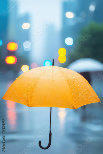 Wallpaper Mural A vibrant yellow umbrella stands out in the rain, surrounded by a blurred cityscape, evoking a cozy yet lively urban atmosphere. Torontodigital.ca