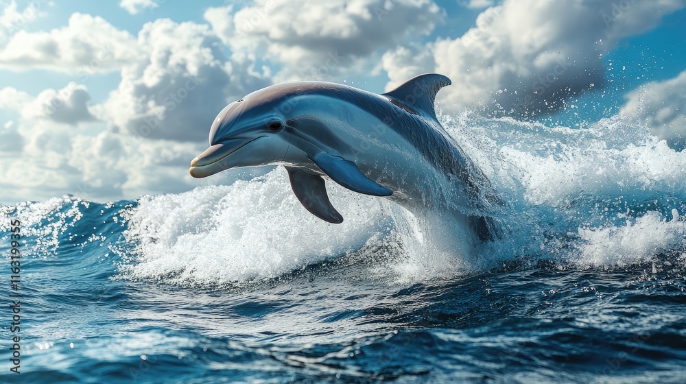 Fototapeta premium Dolphin Leaping Ocean Waves Sky Clouds