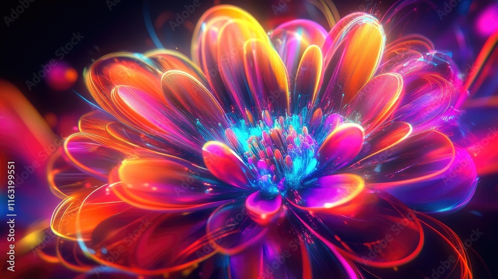 A vibrant, abstract flower with colorful petals and glowing details, showcasing digital art. A vibrant, abstract flower with colorful petals and glowing details, showcasing digital art.