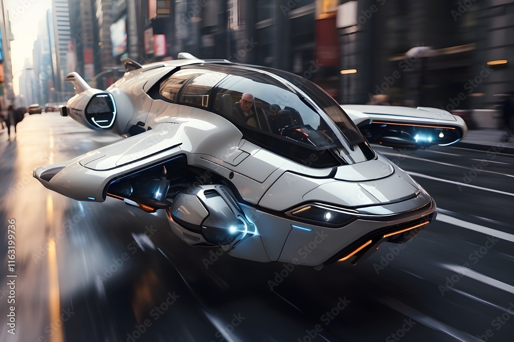 A futuristic flying car speeding through a metropolis. A futuristic flying car speeding through a metropolis.