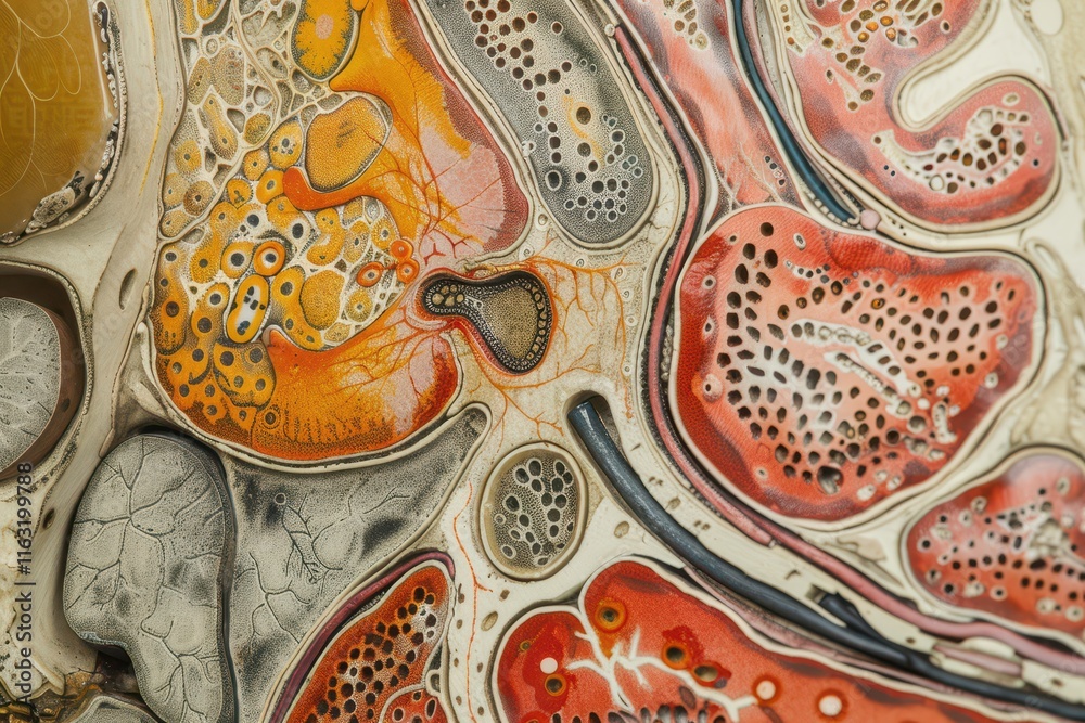 Fototapeta premium Microscopic view of a colorful cross-section of a plant leaf showcasing intricate cellular structures and patterns in vibrant hues