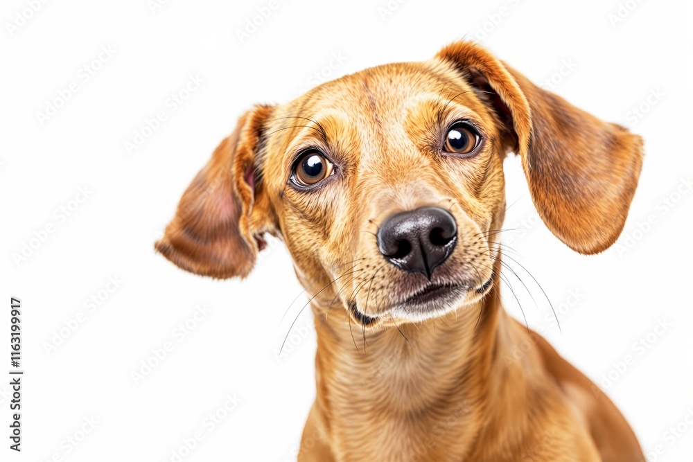 A close-up of a curious brown dog with floppy ears, expressive eyes, and detailed fur, set against a plain white background. Concept of pets, curiosity, and animals. Ai generative A close-up of a curious brown dog with floppy ears, expressive eyes, and detailed fur, set against a plain white background. Concept of pets, curiosity, and animals. Ai generative