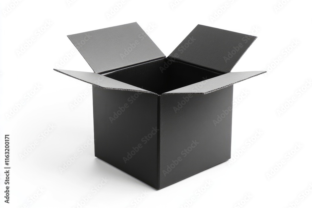 A black cardboard box sits open on a white background A black cardboard box sits open on a white background