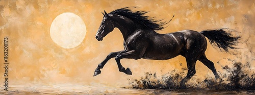 Majestic Black Stallion Running at Sunset