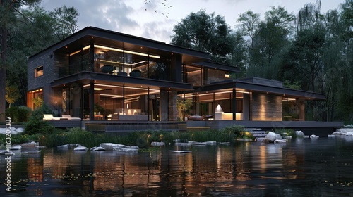 Cozy modern house by a beautiful river, AI generated image