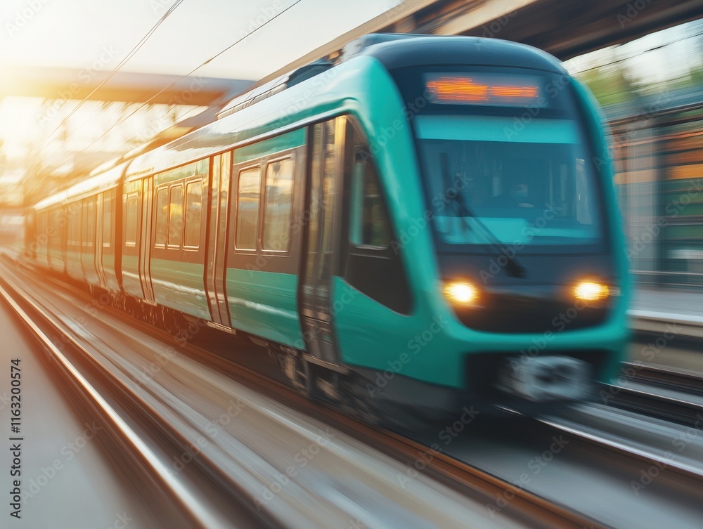 Naklejka premium A modern train speeds along the tracks, illuminated by sunlight, showcasing motion and urban transportation dynamics.