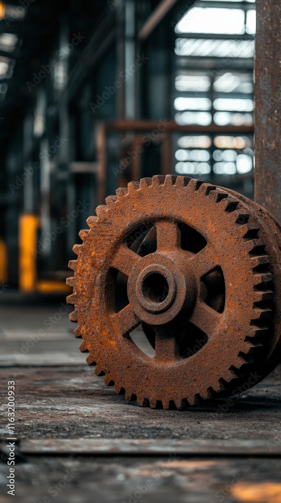 A rusty cogwheel rests on the ground in an industrial setting, showcasing the wear of time and machinery. A rusty cogwheel rests on the ground in an industrial setting, showcasing the wear of time and machinery.