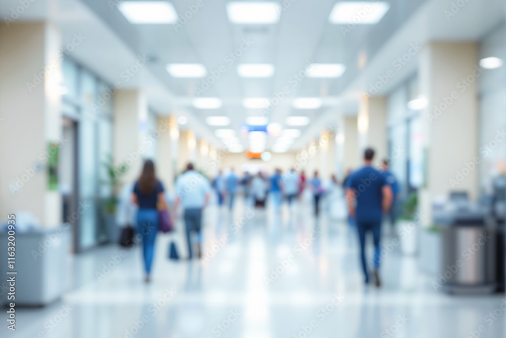 Blurry view of a hospital corridor, people walking in the hallway, bright lighting, modern interior design, and healthcare concept. Ai generative Blurry view of a hospital corridor, people walking in the hallway, bright lighting, modern interior design, and healthcare concept. Ai generative