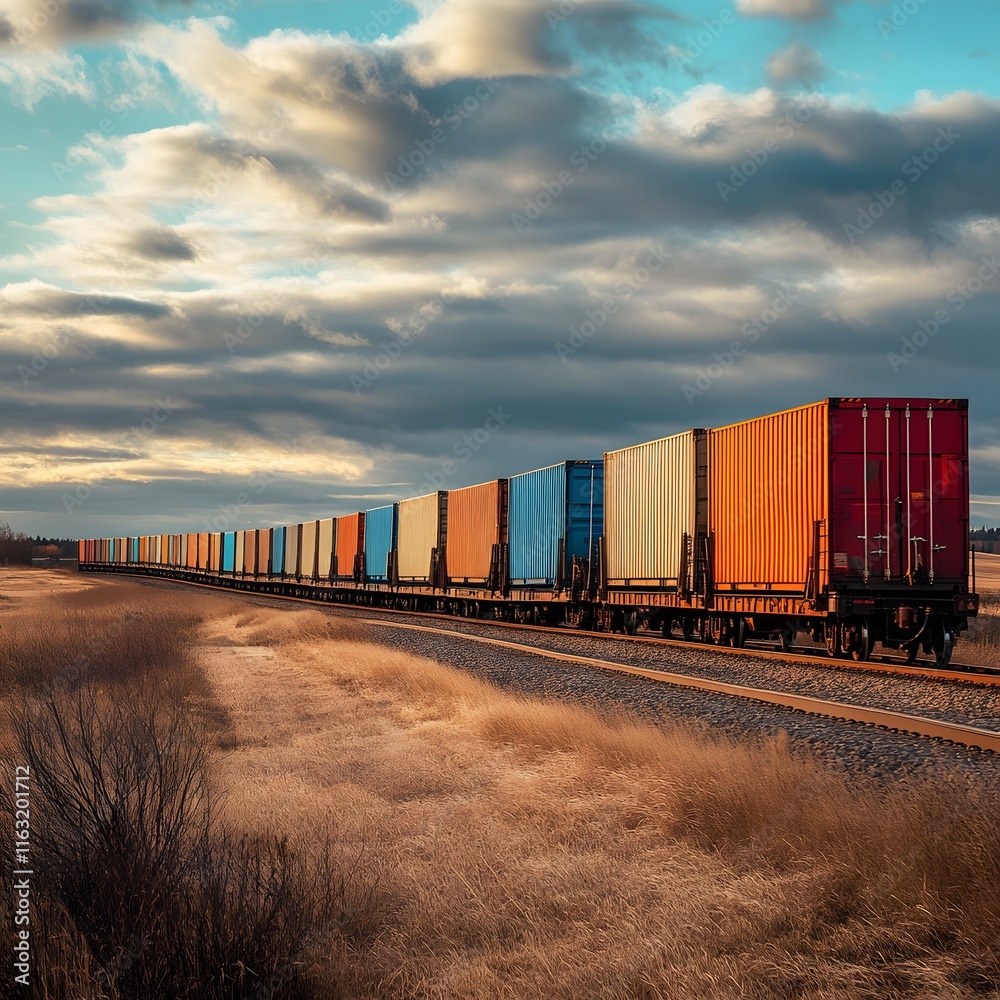 Fototapeta premium Colorful Cargo Train Moving Across Scenic Landscape
