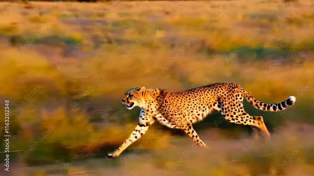 Cheetah in Motion: A majestic cheetah sprints across the golden grasslands, its sleek, spotted body a blur of motion.