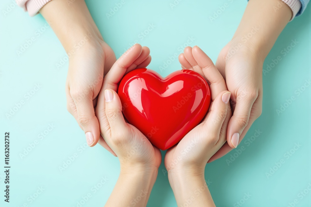 Close-up of hands holding a shiny red heart, symbolizing love, care, and compassion, on a light blue background. Concept of unity and support. Ai generative Close-up of hands holding a shiny red heart, symbolizing love, care, and compassion, on a light blue background. Concept of unity and support. Ai generative