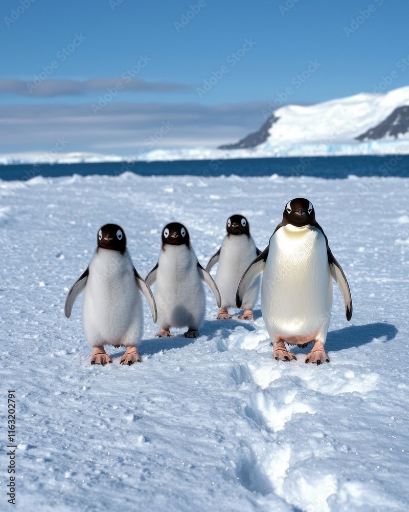 Obraz premium Adorable penguin chicks waddle along snowy path in antarctica