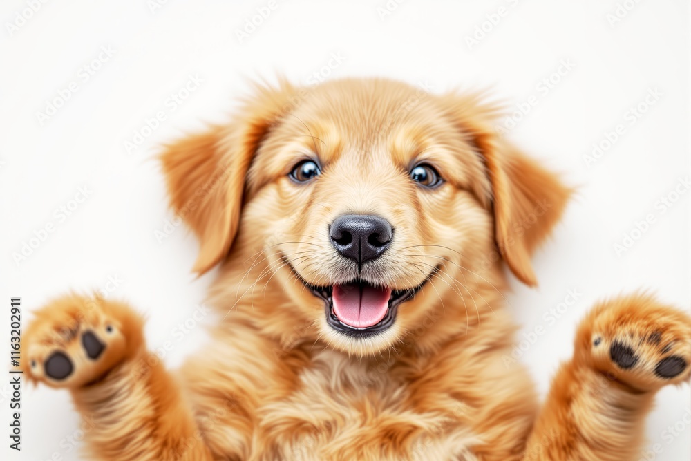 Cute golden retriever puppy smiling with paws raised, playful expression, detailed style, light backdrop. Concept of happiness, joy. Ai generative Cute golden retriever puppy smiling with paws raised, playful expression, detailed style, light backdrop. Concept of happiness, joy. Ai generative