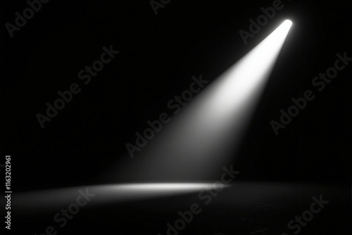 Illuminated spotlight beam on a dark background, highlighting an empty stage area. Minimalist concept symbolizing focus, theater, or dramatic ambiance. Ai generative