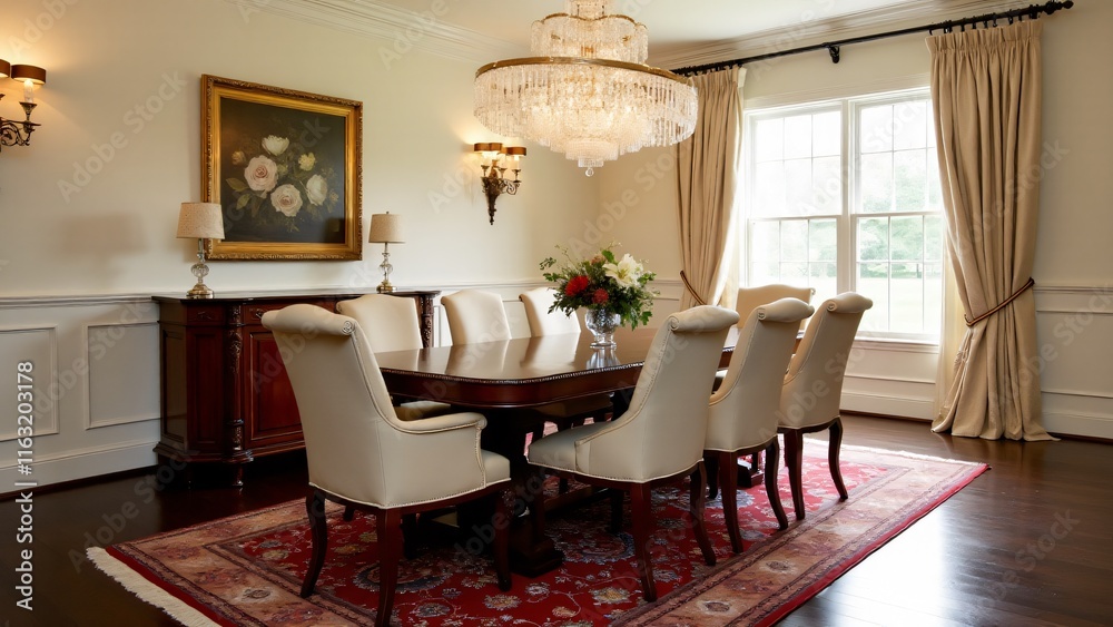 custom made wallpaper toronto digitalClassic dining room with mahogany furniture, crystal chandelier, beige chairs, and a Persian rug. Dark wood tones and soft ivory walls create an elegant, timeless atmosphere of sophistication.