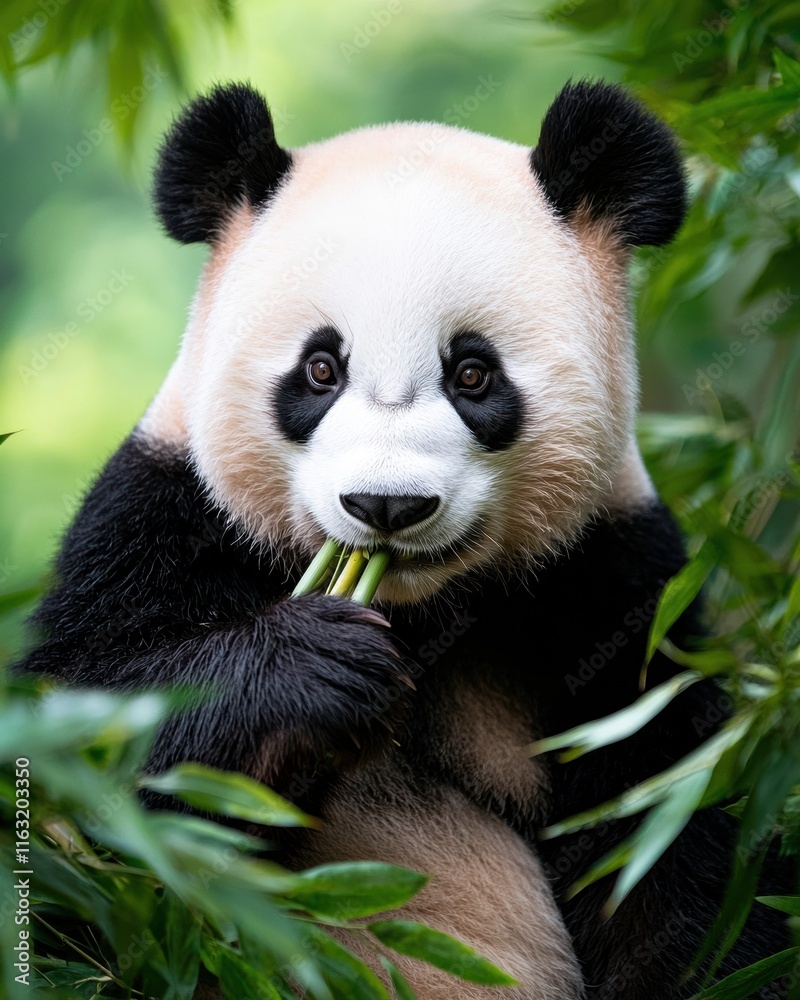 Obraz premium Adorable giant panda bear eating bamboo in lush green forest