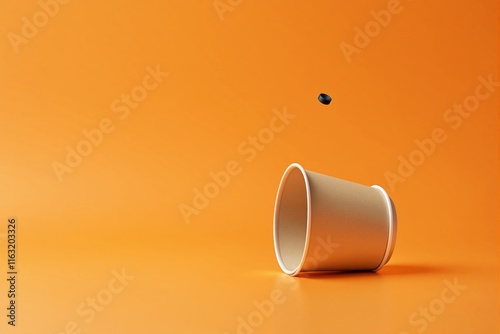 Brown paper cup lying on its side with a smallobject in the air above, against a bright orange background. Concept of minimalism and waste. Ai generative photo