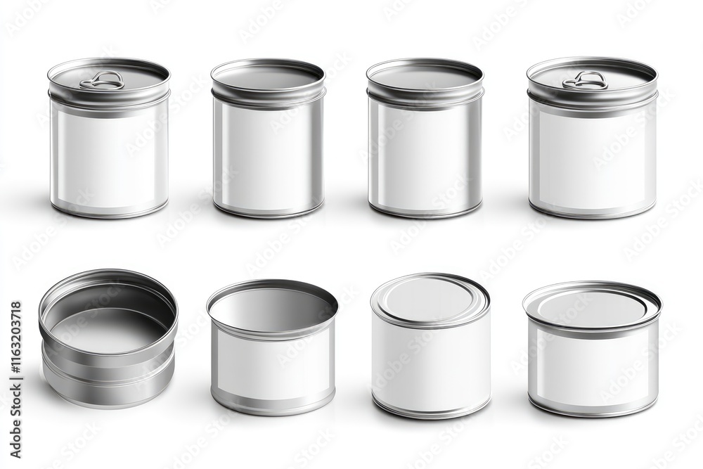 Eight Blank Metal Cans Displayed In Various Positions Eight Blank Metal Cans Displayed In Various Positions
