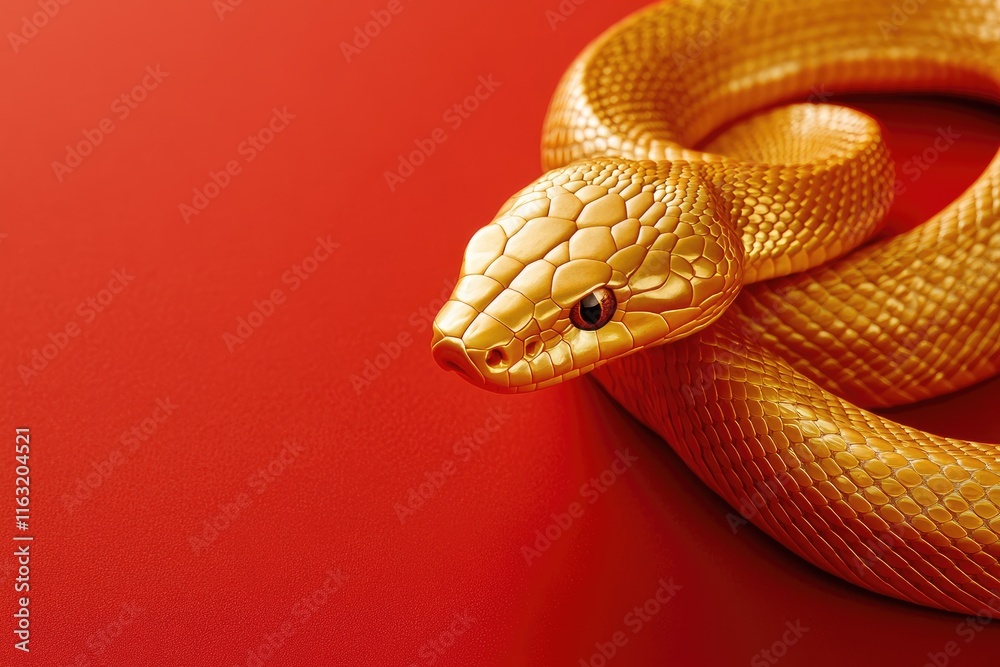 Golden Snake Coiled on Red Background Golden Snake Coiled on Red Background