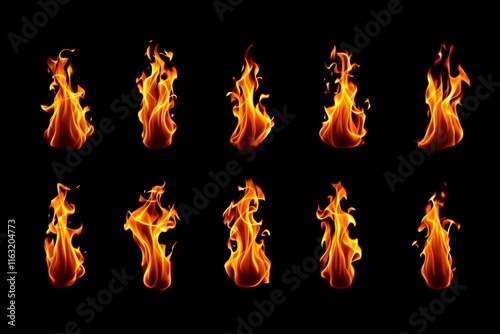 Eight bright orange flames in various shapes, glowing vividly against a dark background, symbolizing heat, energy, and combustion. Ai generative photo