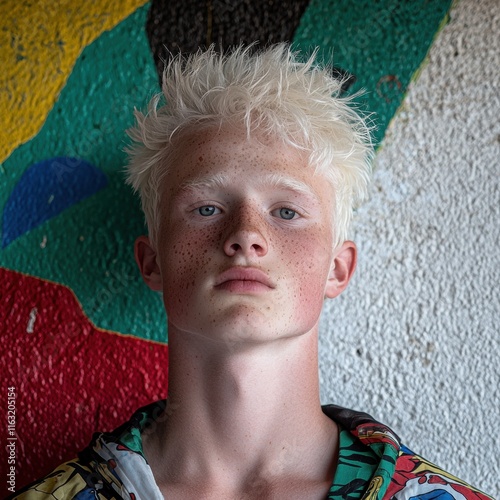 Portrait of a young man with albinism and bright blonde hair against a colorful background.