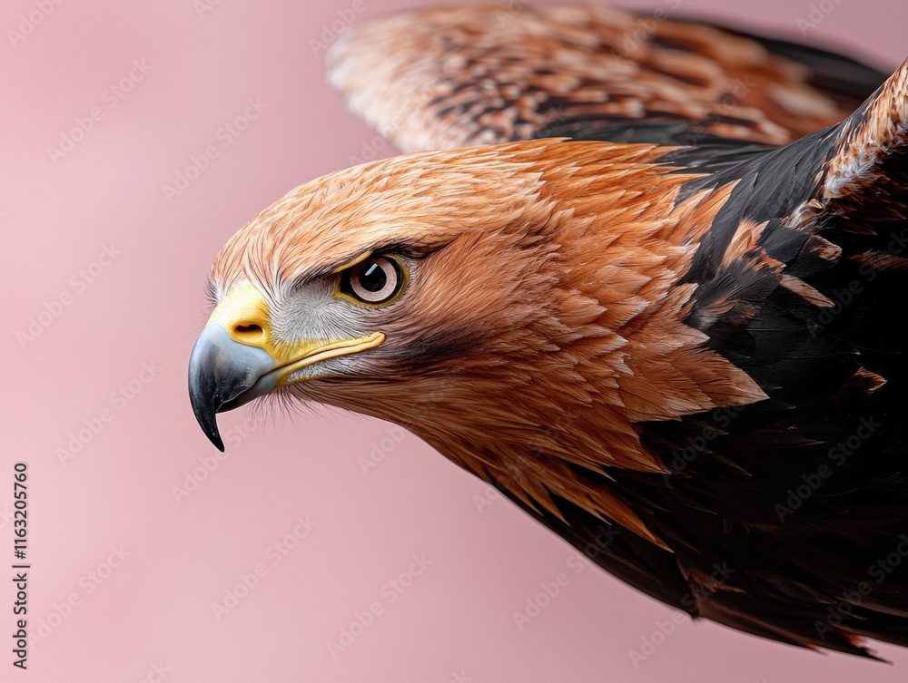 Fototapeta premium Close-up of a majestic eagle's head and shoulders against a pink background