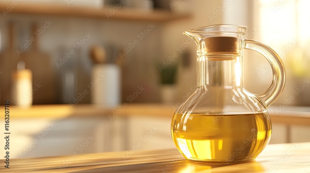 Glass oil decanter on kitchen counter in sunlight. Glass oil decanter on kitchen counter in sunlight.
