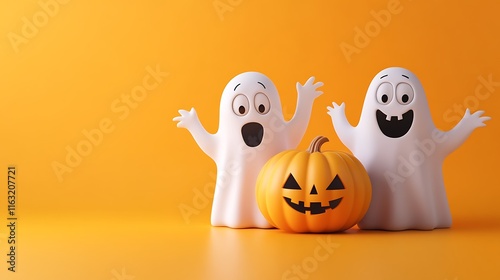 Cheerful Halloween ghosts with a mischievous pumpkin, set against a bright orange backdrop, evoking a lighthearted and spooky atmosphere for the holiday photo