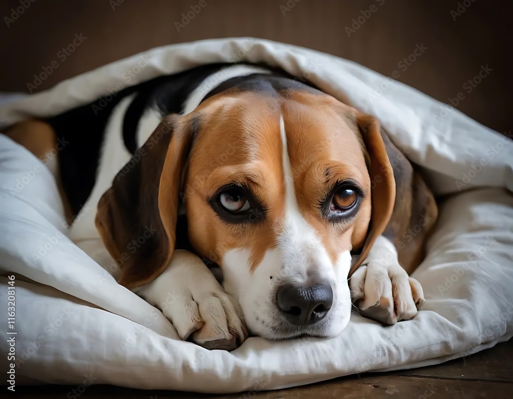 Beagle Dog Resting Comfortably Under a Blanket Beagle Dog Resting Comfortably Under a Blanket