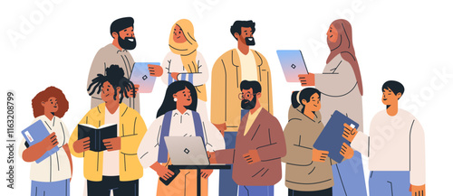 Diverse group of people collaborating on projects. Illustration depicts a team of men and women holding laptops books and documents in a casual setting