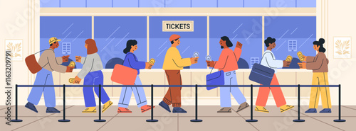 People buying cinema tickets queue flat colorful illustration. Diverse group standing in line at ticket counter holding tickets background modern interior