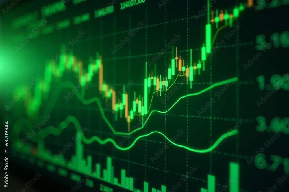 High-tech green screen with financial data and charts, high tech, financial market High-tech green screen with financial data and charts, high tech, financial market