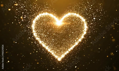 Golden sparkling heart shape animation glowing on a black background